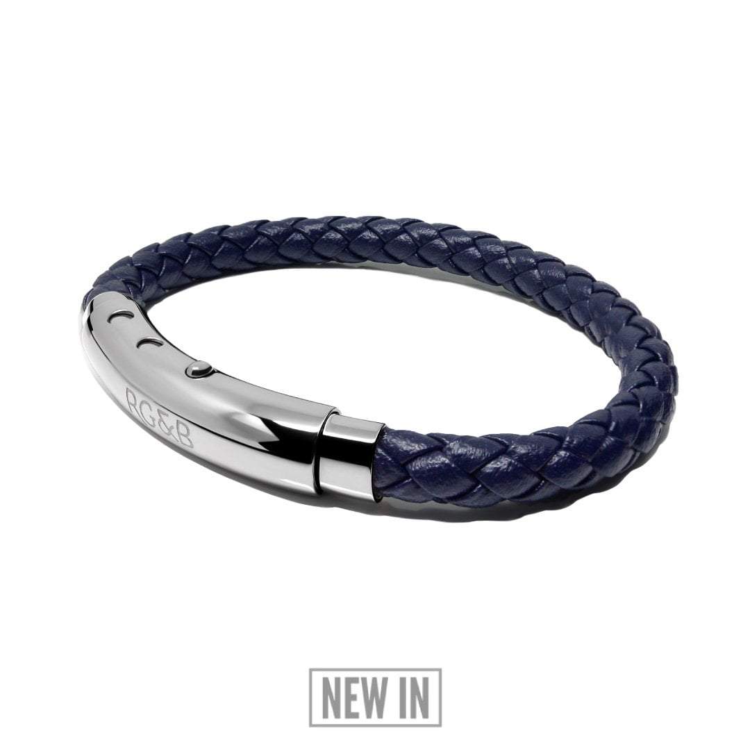 Navy Leather Bracelet - Our Navy Leather Bracelet features a Woven Leather Bracelet and an Adjustable Stainless Steel Clasp Engraved with our Signature RG&B Logo.